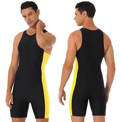 Men's Swimsuit One-piece Swimwear Round Neck Sleeveless Side Shorts Bodysuit Triathlon Wetsuit for Beach Pool Swimming Bathing