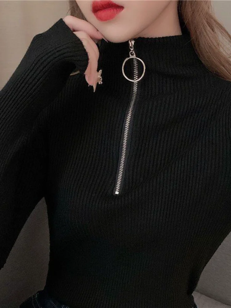 

Свитер с воротником-стойкой из трикотажа для женщин, осенне-зимний, новый, облегающий, модный, в корейском стиле, на молнии, однотонный, трендовый