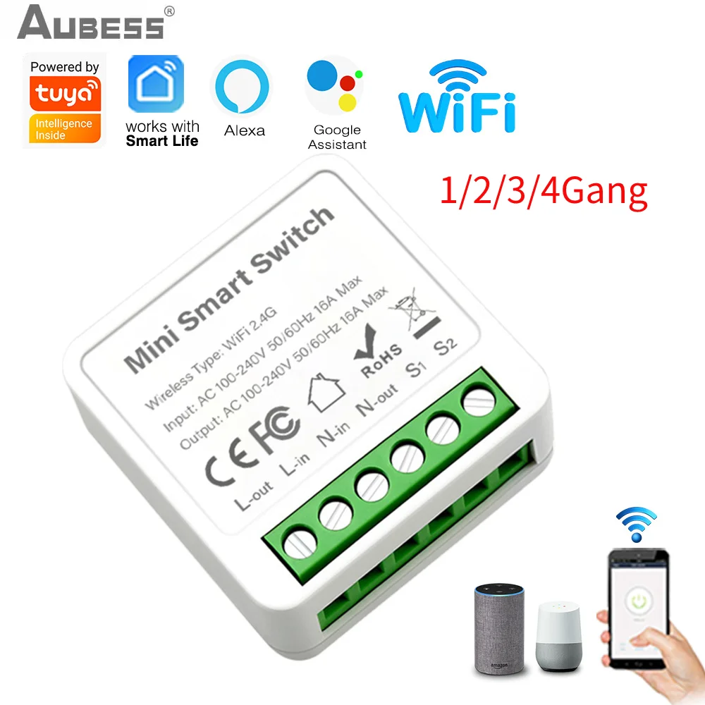 16A Mini Wifi Smart Switch Smart Home DIY Light Switches Module 2-way Control, Work With Tuya Smart Life Alexa Alice Google Home