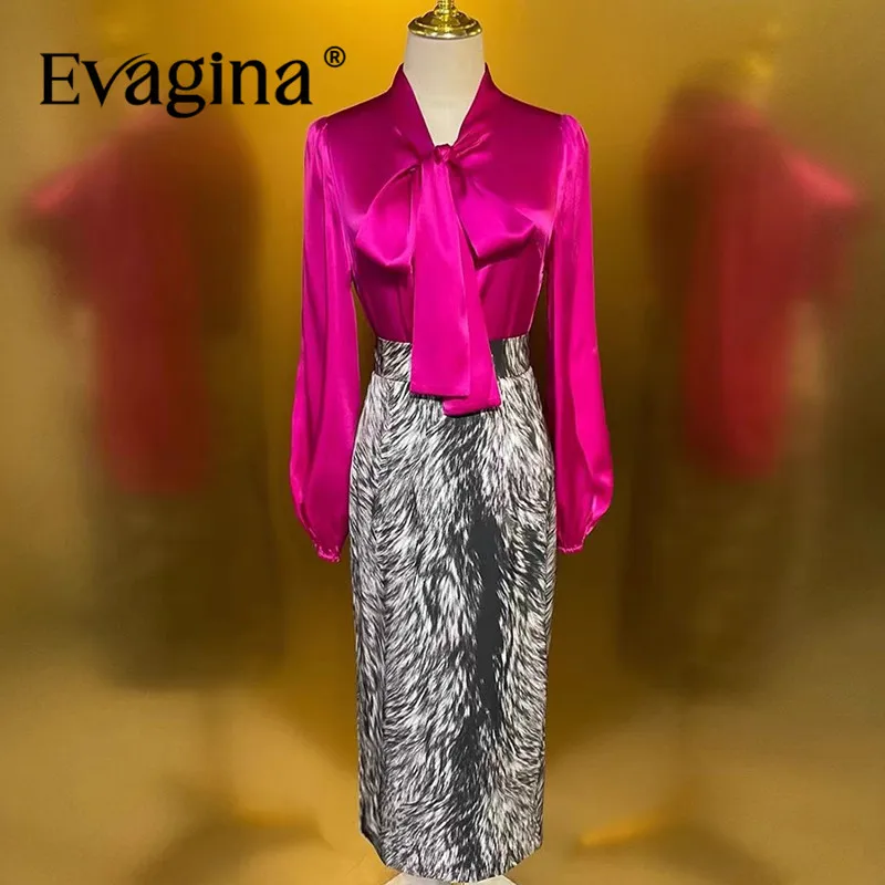 

Evagina Fashion Design Women's Suit Bow Scarf Collar Long-Sleeve Solid Shirt+Slim-Fit Hip Wrap Print Skirt Silk 2-piece set