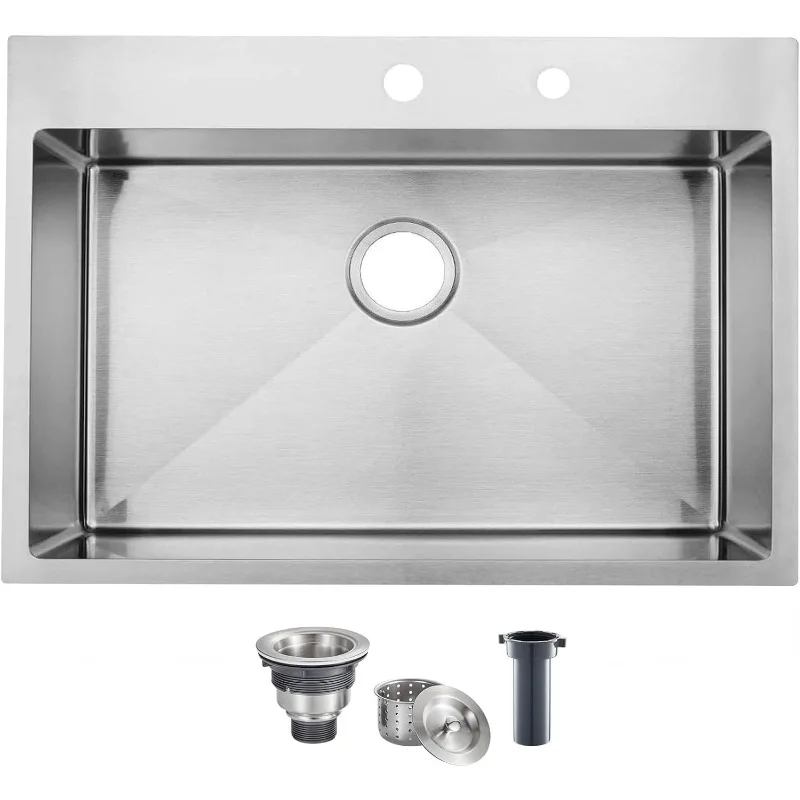 33 X 22 Inch Drop in Stainless Steel Kitchen Sink, Single Bowl 16 Gauge Top Mount Sink Commercial Handmade 9 Inch Deep Kitchen