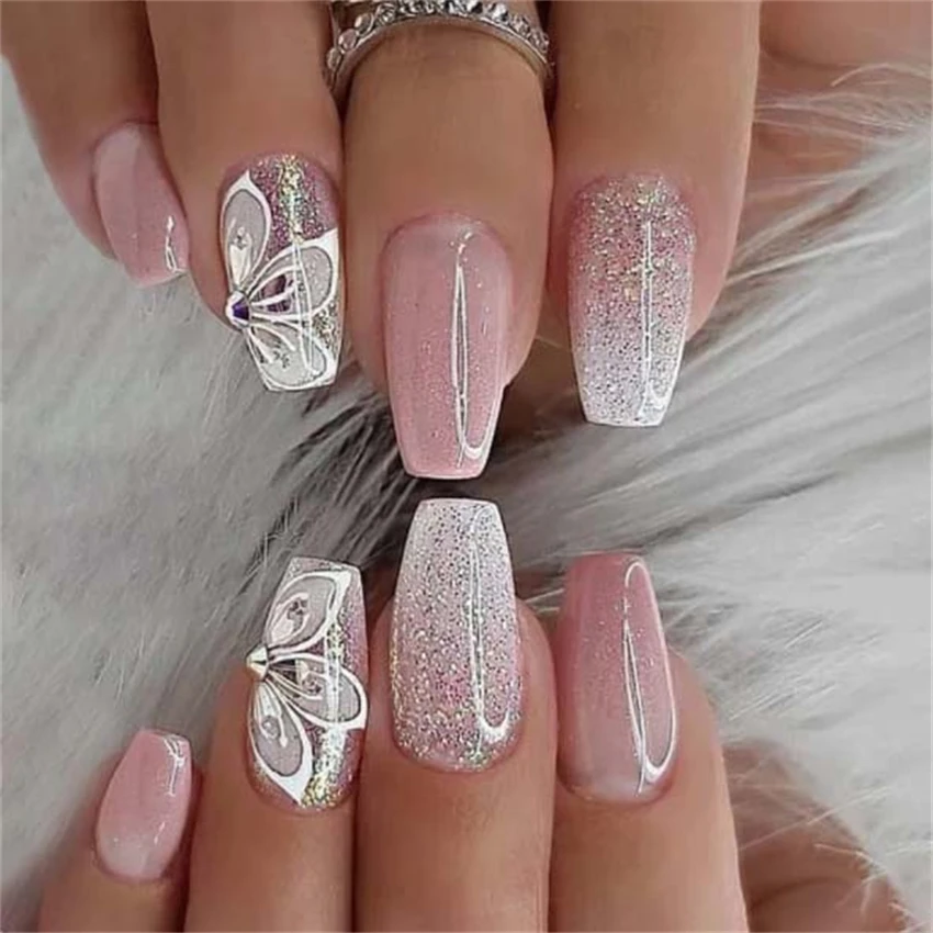 

24Pcs/Set Pink Gradient Glitter Art Wearing False Nails Acrylic Press on Nail Full Coverage Butterfly Rhinestone Fake Nail Tips