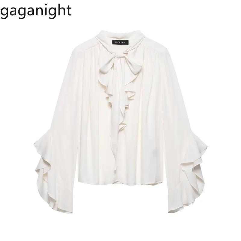 

Gaganight Women Shirts Elegant Ruffles Patchwork Bandage Long Sleeve Loose Solid Fashion Office Lady Temperament Blouse Tops