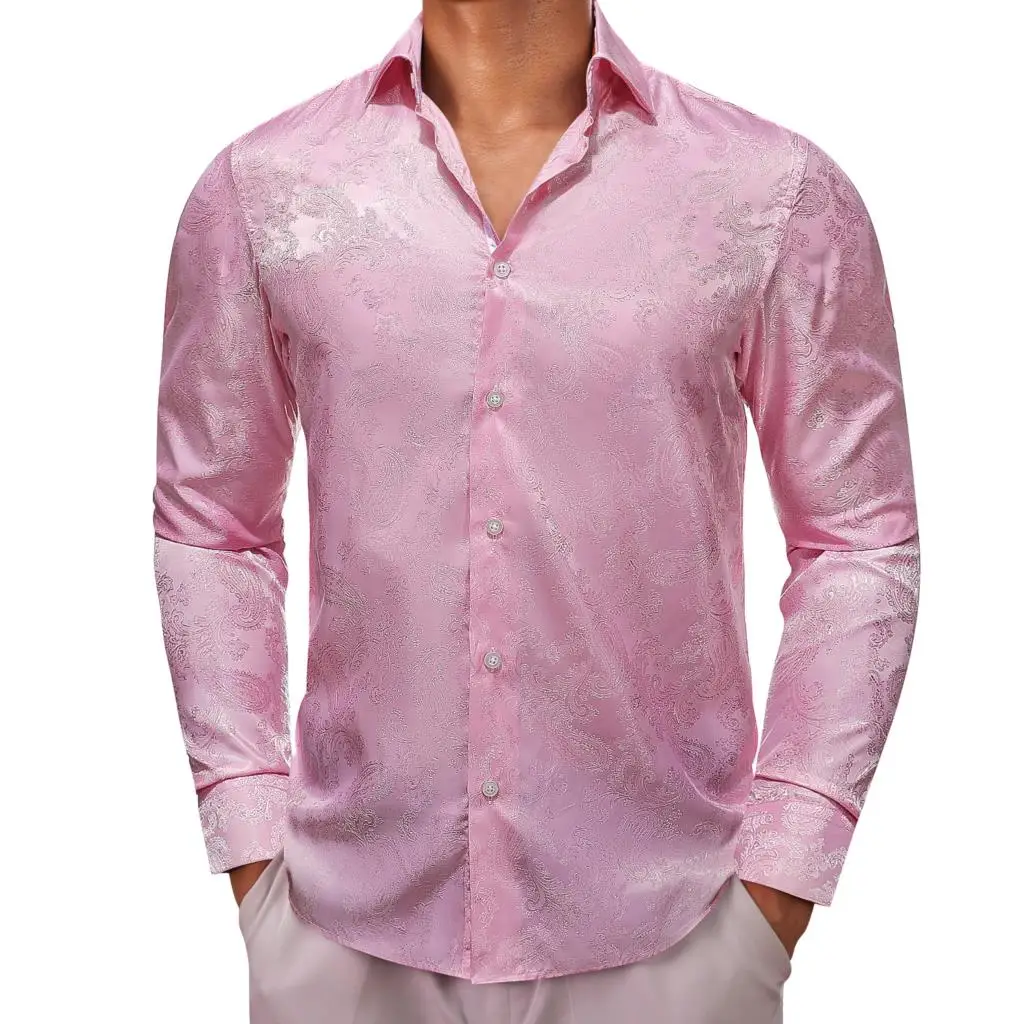 

Luxury Shirts for Men Silk Long Sleeve Pink Paisley Slim Fit Male Blouses Casual Formal Tops Breathable Barry Wang