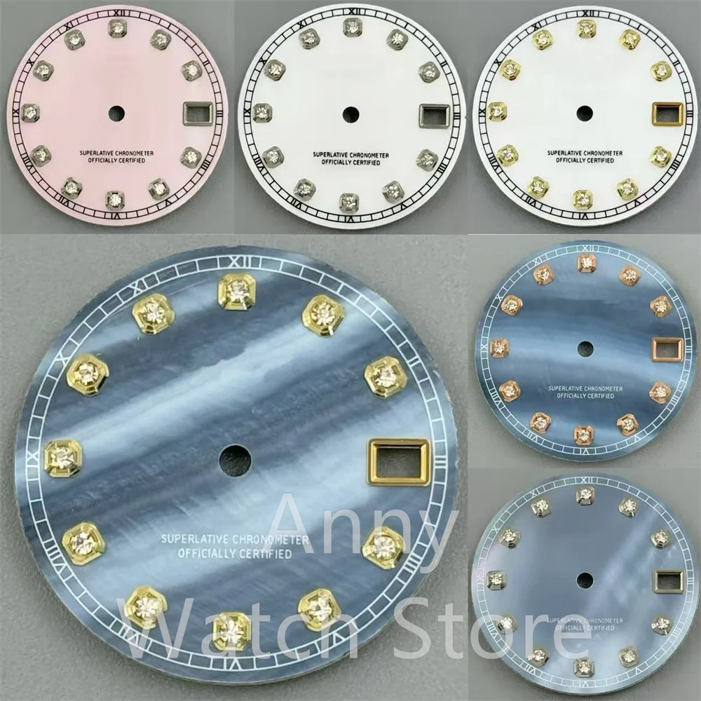 29MM White Pink Mother Pearl NH35 Watch Dial with Silver Gold Rose Edge Diamond Time Marks DJ Hand Set Fit NH35 Movements