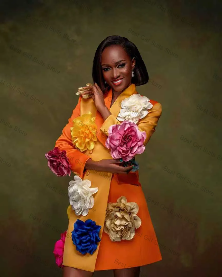 Yellow Orange Women Suit 1 Pcs Blazer 3D Flower Splicing Colors Formal Office Business Jacket Customized Wedding Guest Coat