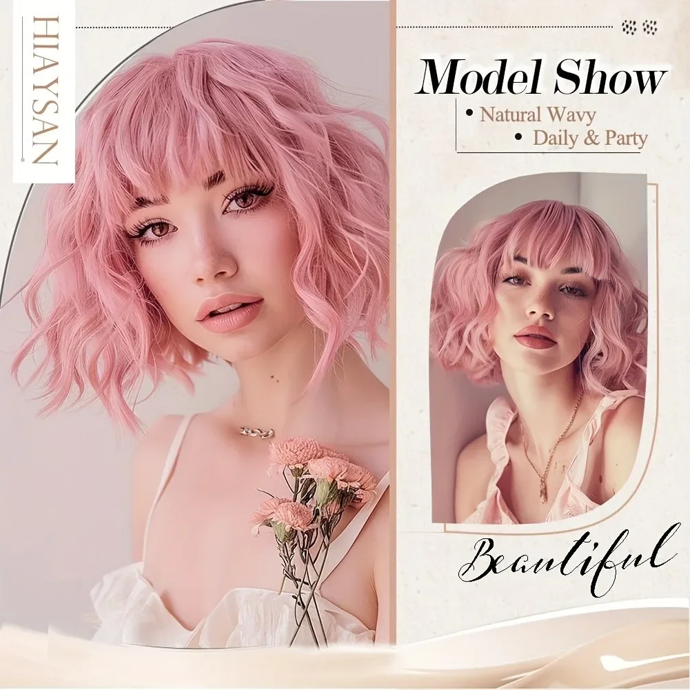 باروكة مهرجان صناعية للسيدات مقاس 14-16 بوصة، شعر وردي قصير مجعد مع غرة، قبعة شبكية حريرية غير لامعة تتحمل درجات الحرارة العالية. #3