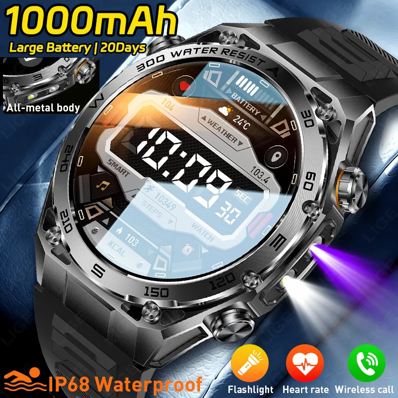 

LIGE Military 1000mAh Battery Smart Watch Men IP68 Waterproof UV Lamp Flashlight Heart Rate Sports Tracker Smartwatch 2026 New
