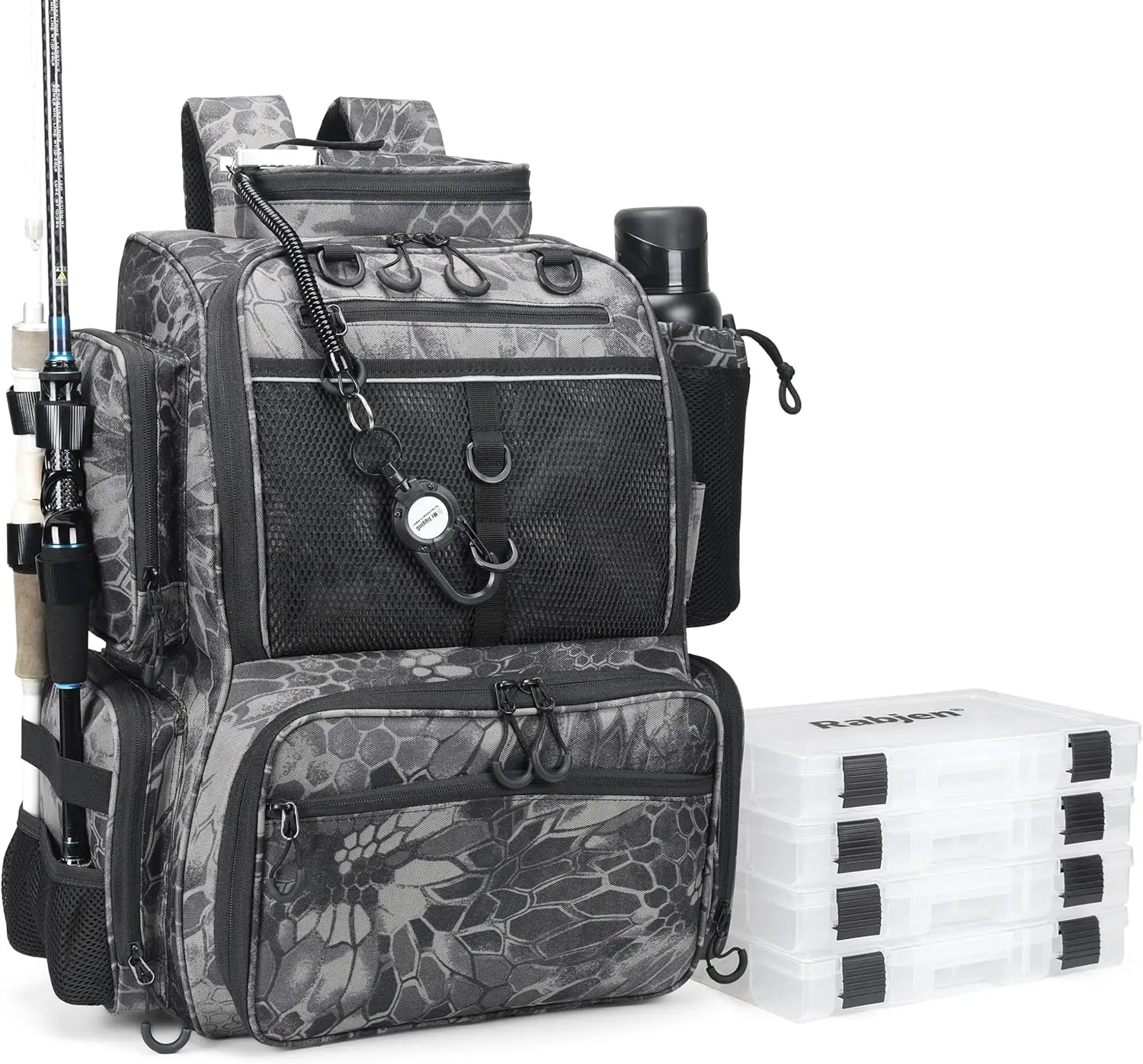 

Fishing Tackle Backpack with Rod Holders, Bottle Pocket, and Storage for Gear