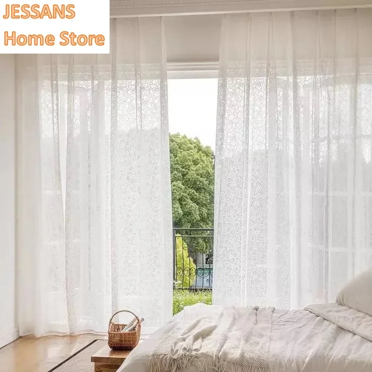 

Nordic Tulle for Living Dining Room Light Luxury White Tulle Window Cherry Blossom Embossed Partition Door Screen Shutter