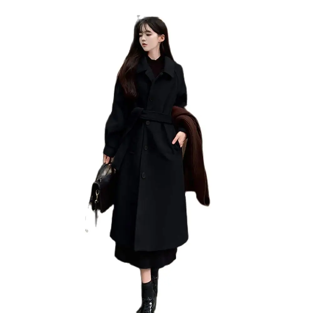 Autumn And Winter New Korean Version Of Loose Red Lace-up Woolen Coat Women's Fashion Long Retro Over-the-knee Temperament Coat.