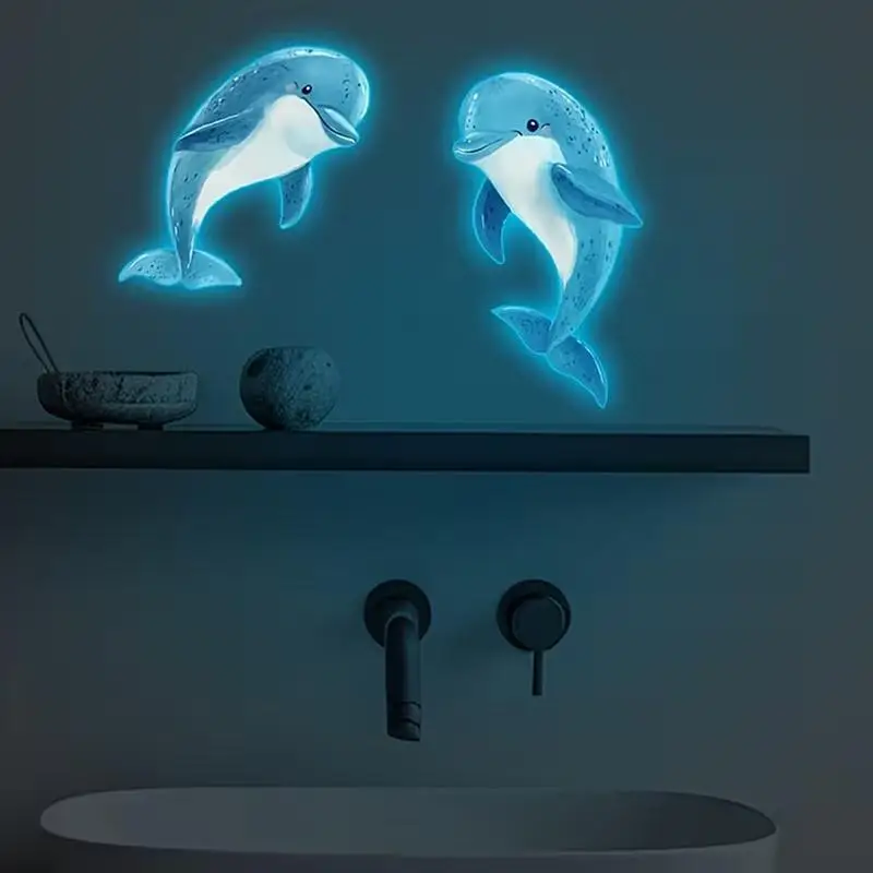 Blue Dolphin Toilet Sticker with Glow in the Dark Effect Waterproof Wall Glass Bathroom Decal for Kids