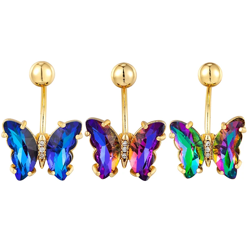 Colorful Crystal Butterfly Navel Ring Surgical Steel Belly Button Piercing Rings Woman Fashion Body Jewelry