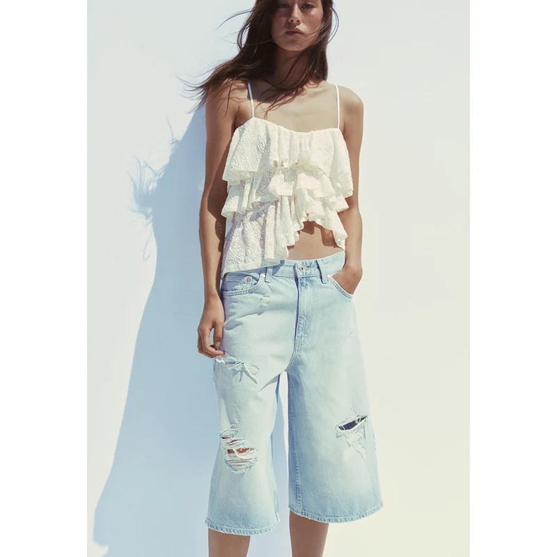 Été nouveau doux asymétrique dentelle garniture sangle décorative ronde Ne gilet conception originale coupe ajustée ort longueur fibre de Polyester