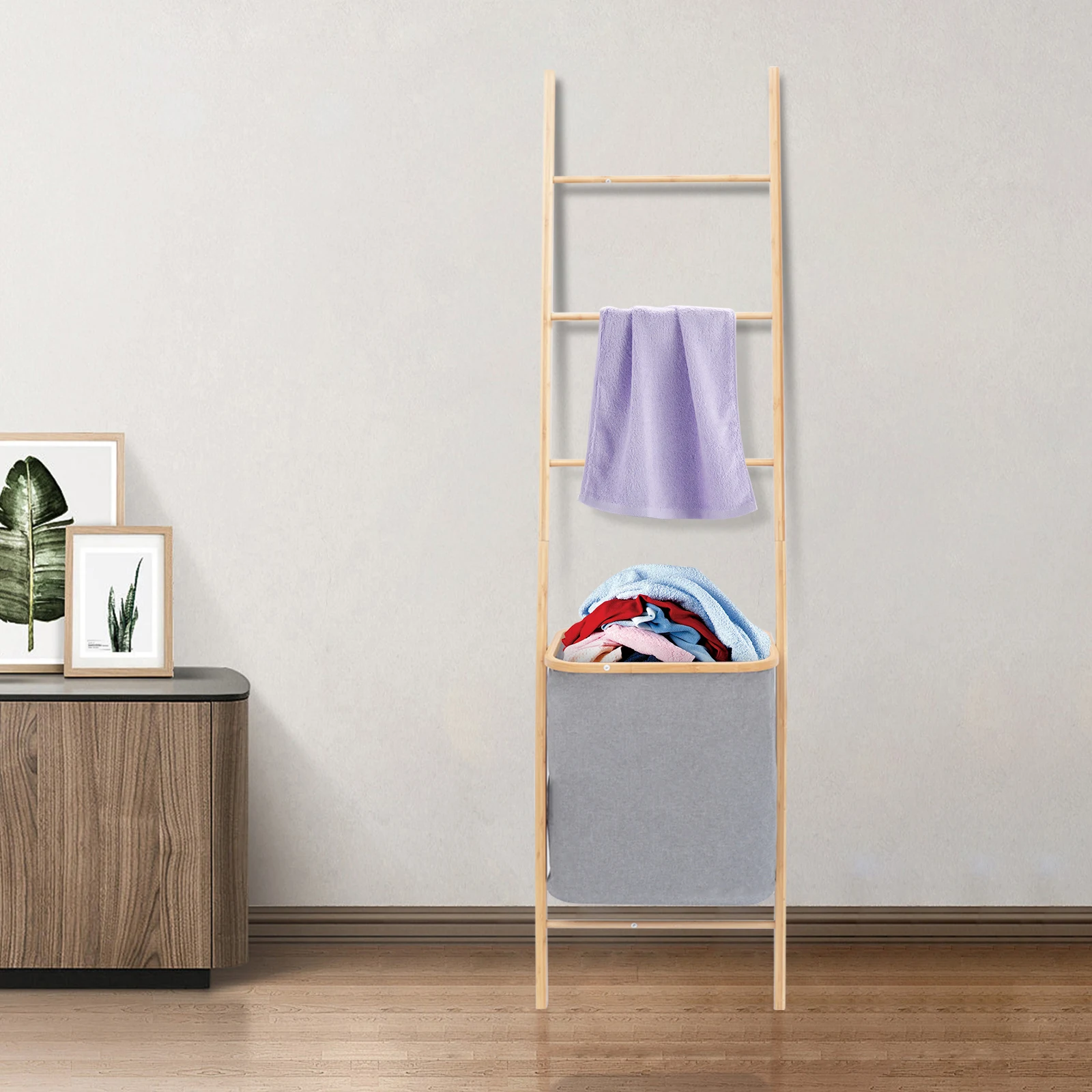 

Wall Leaning Ladder Shelf Laundry Storage Basket Toy Dirty Clothes Bath Towel Hat Rack Hanging Pole 1.8M For Bedrooms Bathrooms