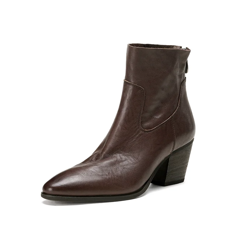 

Woman Boots Cowhide Leather Trendy Shoes Round Toe Chunky Heel Botas Retro Back Zipper High Quality Ankle Boots Basic Shoes