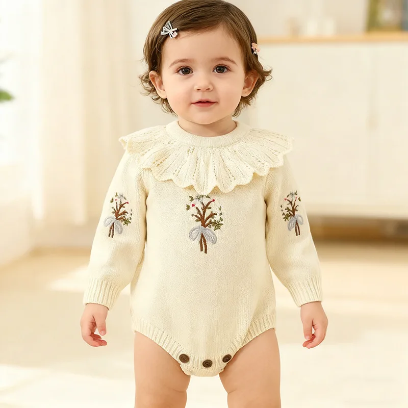 Baby Boy Clothes Jumpsuits Spring Knitted Jumpsuit with Ruffle Collar Long Sleeve Girl Embroidered Bottom Romper Crawling Suit