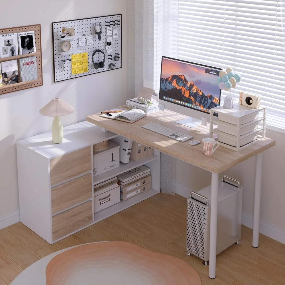 

Home Office Computer Desk Corner Desk with 3 Drawers and 2 Shelves, L-Shaped Study Desk with Storage
