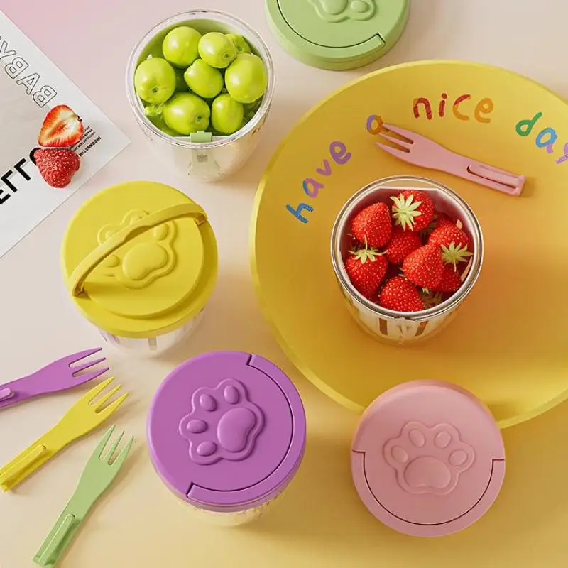 Taza de fruta goteo HUA HUA con tenedor, caja de Picnic portátil sellada a prueba de fugas para cocina, taza de doble capa, taza para aperitivos y ensalada con drenaje