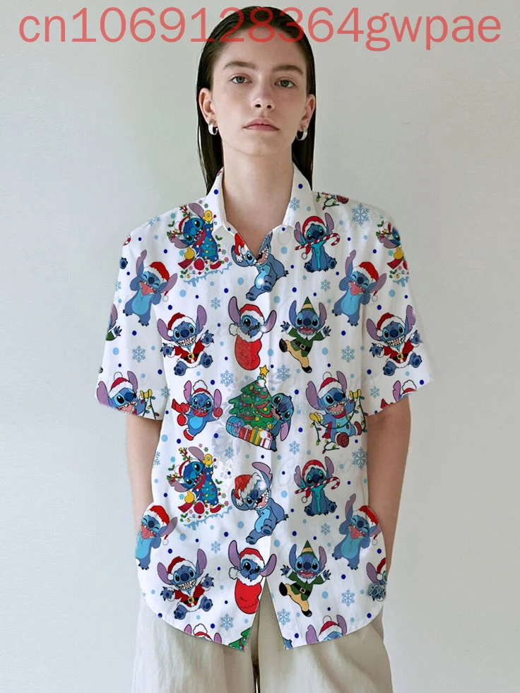 

Рождественские женские повседневные блузки с короткими рукавами Disney Stitch, праздничная пляжная гавайская рубашка, женская элегантная гавайская рубашка