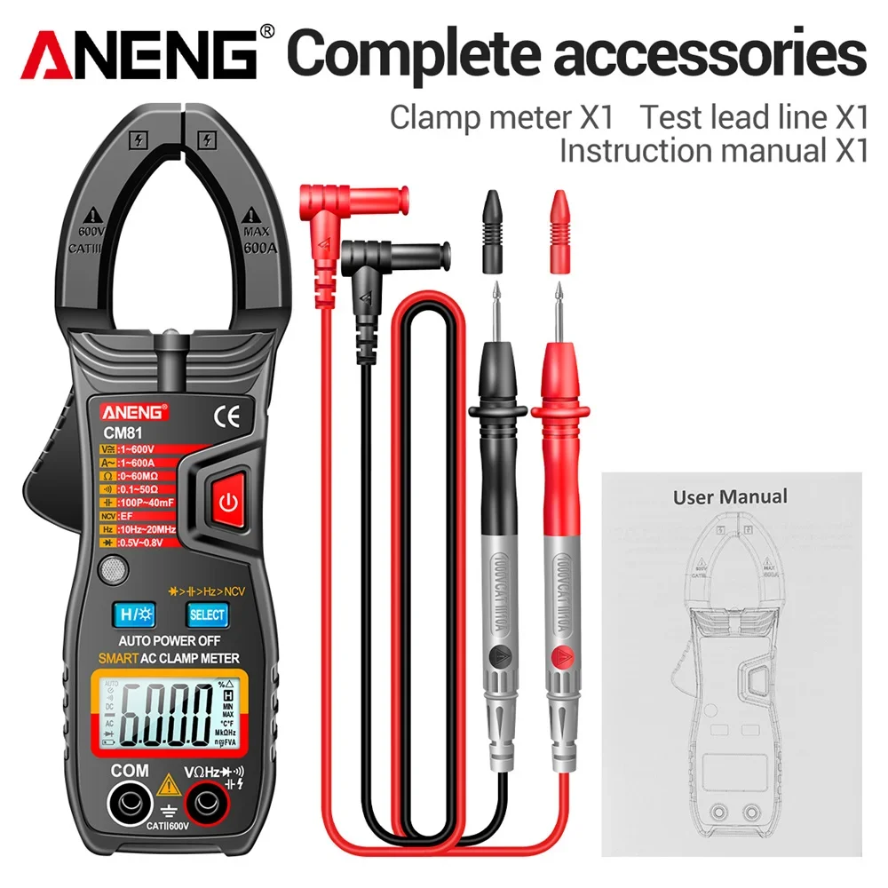 ANENG Klemmeter Multimeters CM81 600A AC-stroom CM80 500A AC-stroom Weerstand AC/DC-spanning Diode NCV Contactloze tester
