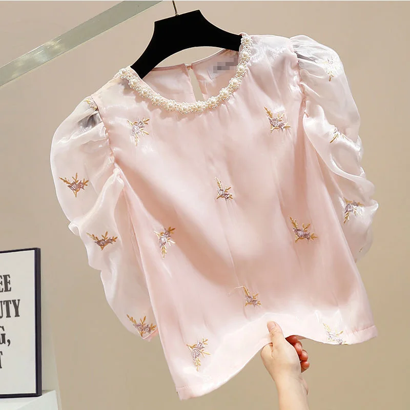 2024 New Summer Office Lady Casual Loose Sweat Elegant Fashion Women's Shirt Folds Embroidery O Neck Short Sleeve Chic Y2K Tops