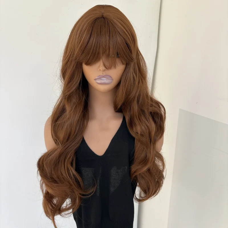 

Cosplay Party Wigs With Bangs Heat Resistant Hair Brown Long Wavy