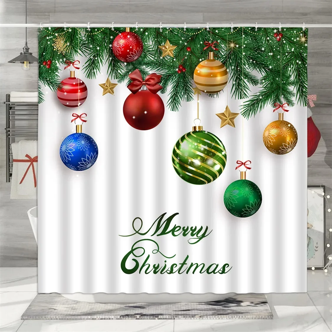 Christmas Shower Curtain, Winter Colourful Christmas Balls Pine Needle Gifts Merry Christmas Wreath Polyester Bathroom Decor