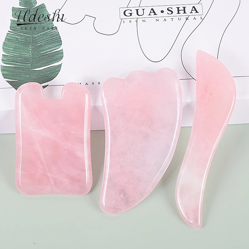 3pcs Rose Quartz Gouache Scraper Gua Sha Massage Set For Face Natural Gouache Stone Massage Tools Body Facial Jade Massager