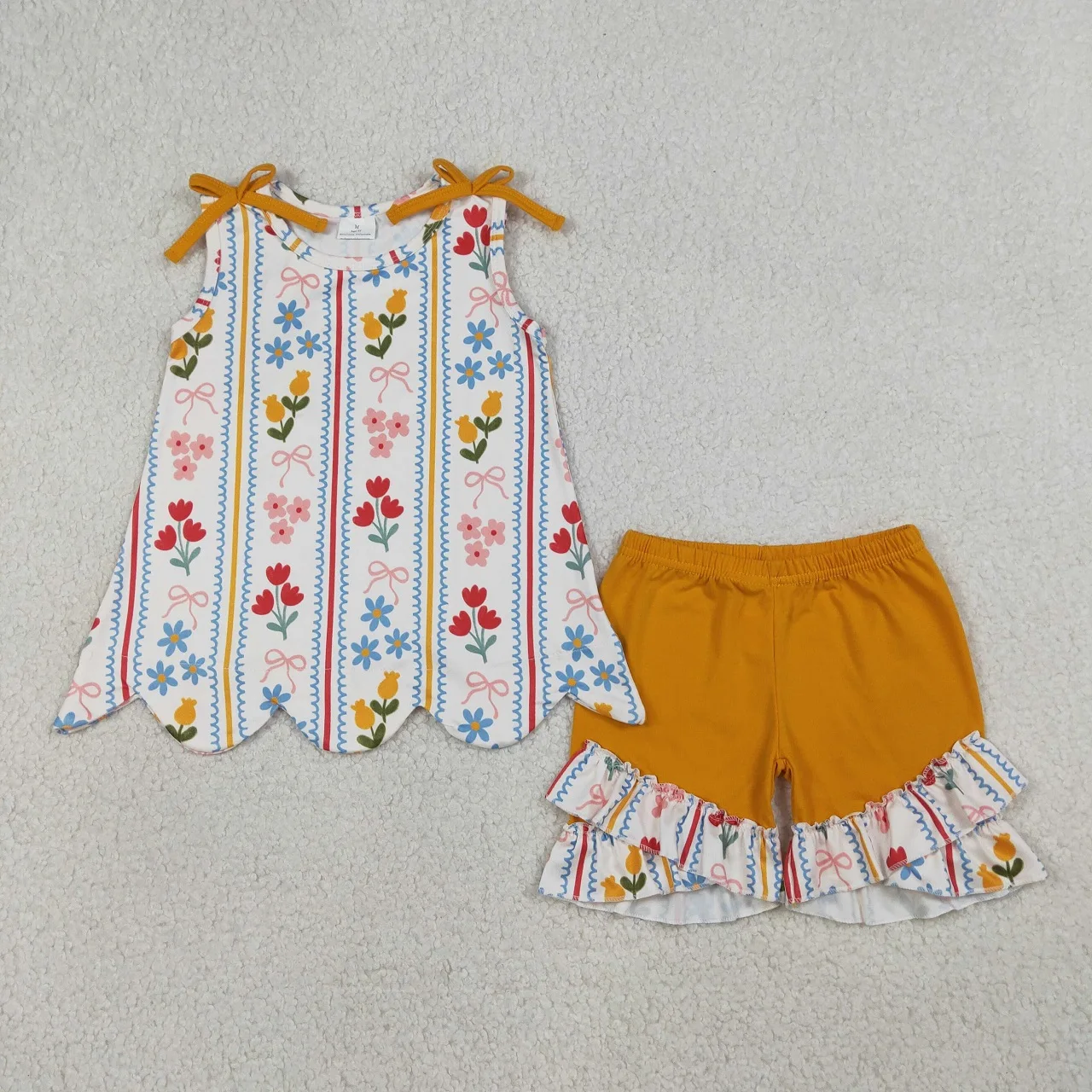 Wholesale Baby Girl Sleeveless Bows Flower Tunic Set Children Toddler Outfit Kids Orange Ruffle Shorts Girls Summer Clothes