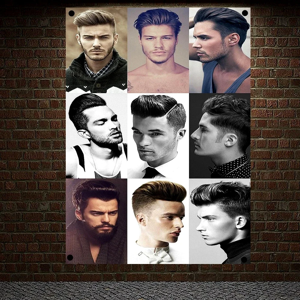 

The Classic Pompadour Haircut with Beard Posters Wall Sticker, Tapestry Flag Banner Hair Salon Barber Shop Home Decoration A1