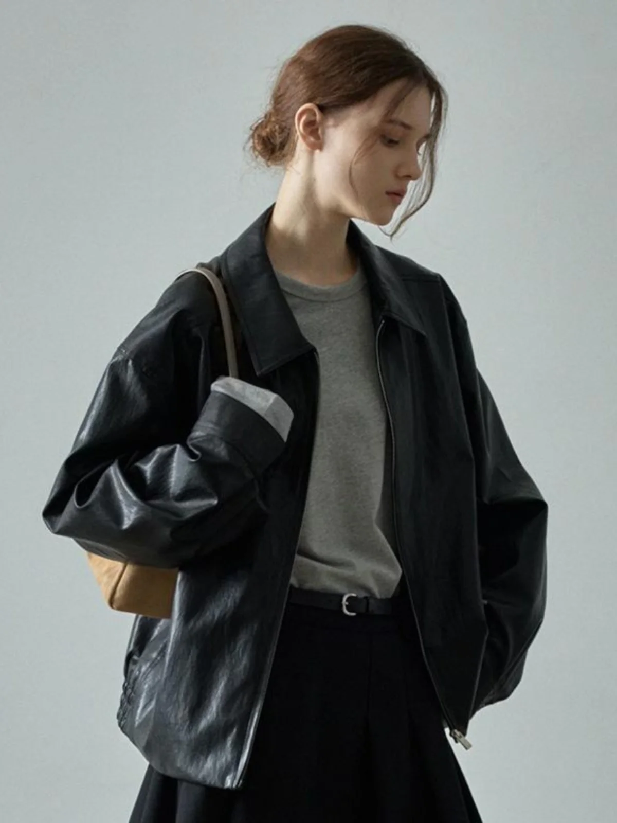 معطف Jaet نسائي فضفاض من الجلد لراكبي الدراجات النارية، كاجوال بطية صدر وسحاب طويل، ملابس خارجية من الجلد الصناعي