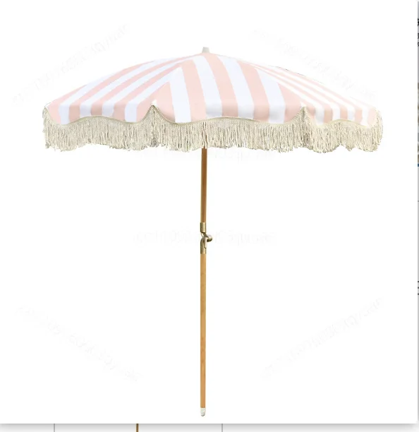 Striped Fringe Beach Umbrella Portable Outdoor Patio Garden Sun Parasol Anti UV Tiltable Sun Shade Umbrella Plastic Switch