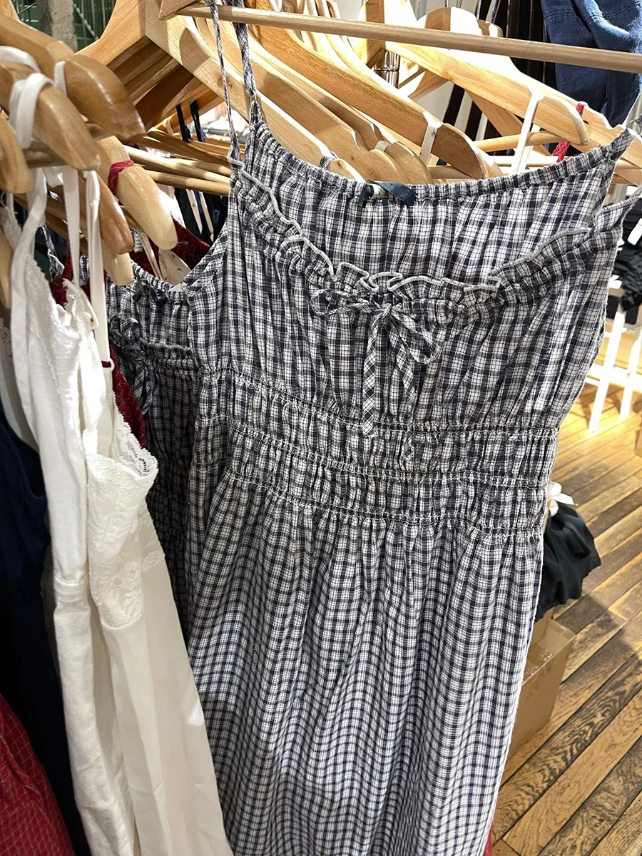 Abito longuette vintage scozzese blu scuro Donna Estate Elastico in vita A-line in cotone con volant Lace-up Vestido Dolce e carino Abiti lunghi con camicette Nuovo