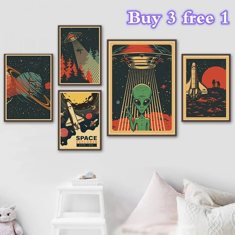 Vintage Space Astronauts Rocket Ufo Aliens Spacecraft Kraft Paper Posters and Prints Retro Space Wall Art Picture Home Decor