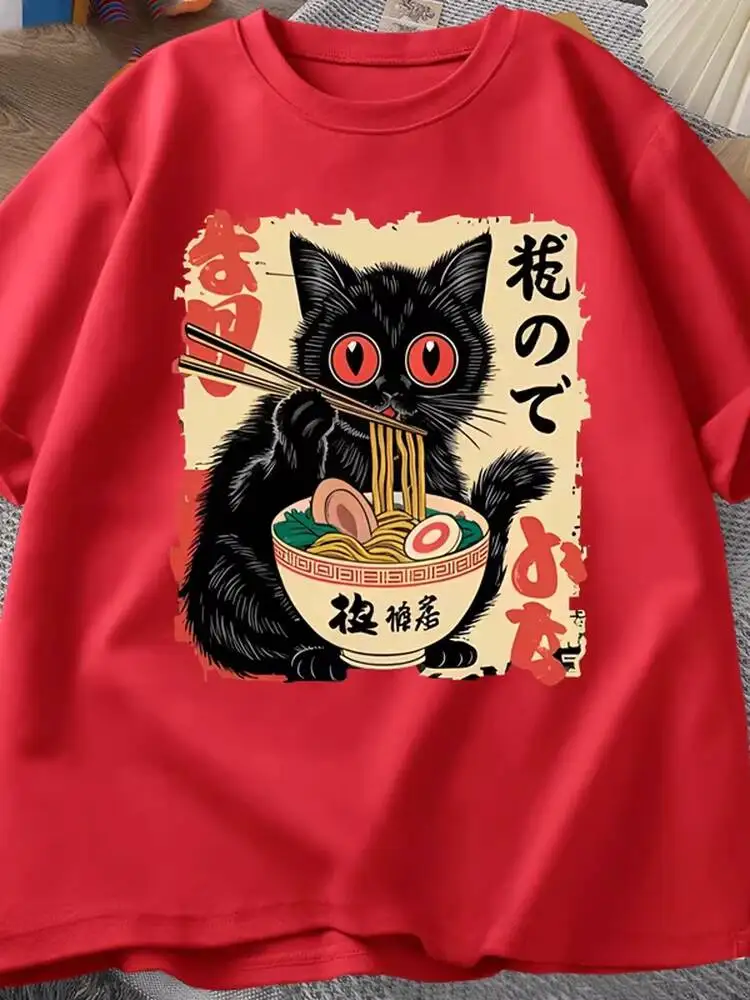 

Unisex Short Sleeve T-shirt 2026 Summer New Cute Cat Eating Ramen Print T-shirt Man Women Casual Crew Neck Short Sleeve T Shirt