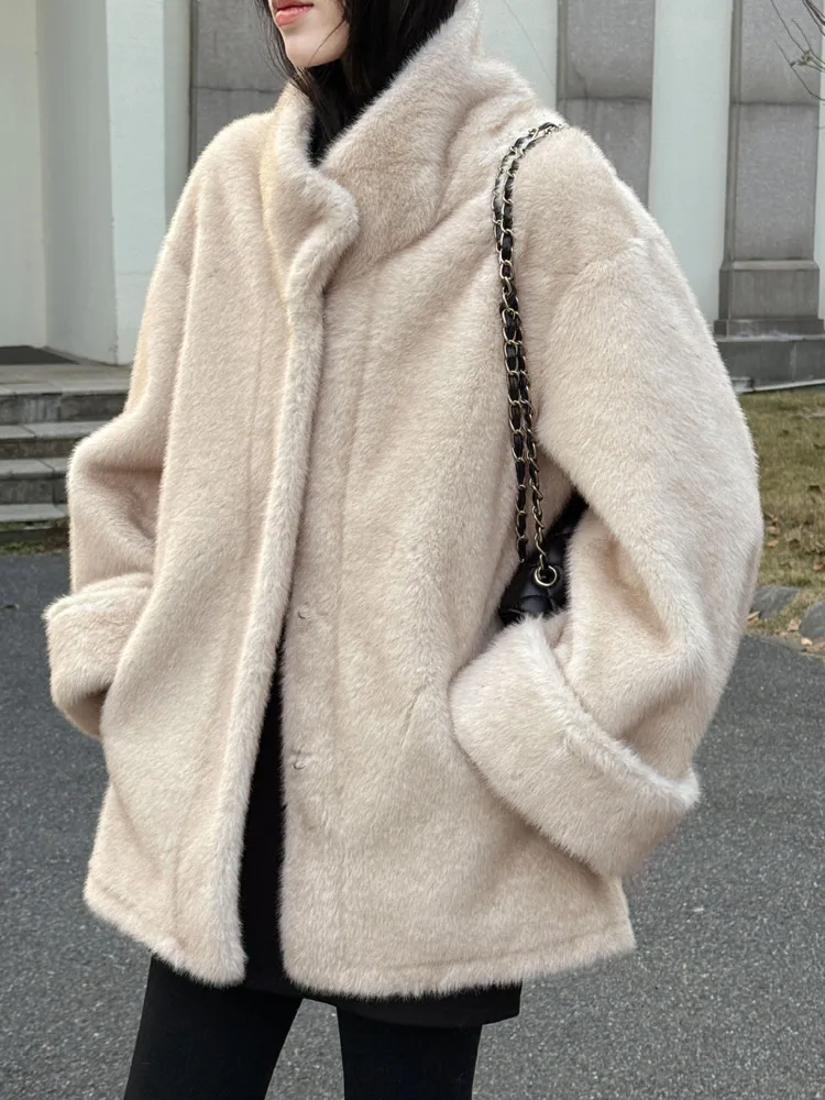 Hksh inverno novas mulheres casaco de pele do falso gola bolsos coreano high-end luxo elegante versátil casual ins jaqueta quente hk17527