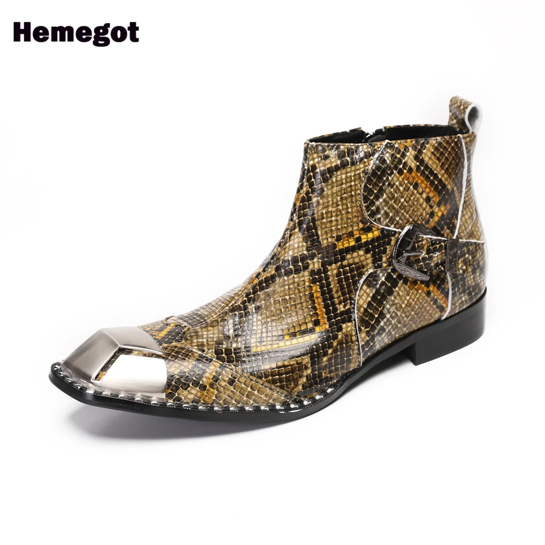 Snake Pattern Men's Boots High-Top Leather Square Toe Novelty Stylish Side Zipper Men Boots Size 37-47 Botas Zapatillas Mujer