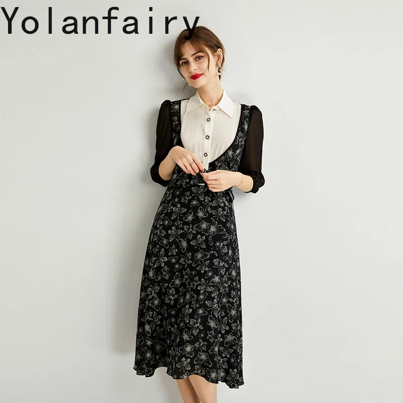 YOLANFAIRY 100% vestido de seda de morera auténtica para mujer, vestido negro Floral de gama alta con cuello camisero, vestidos elegantes para mujer