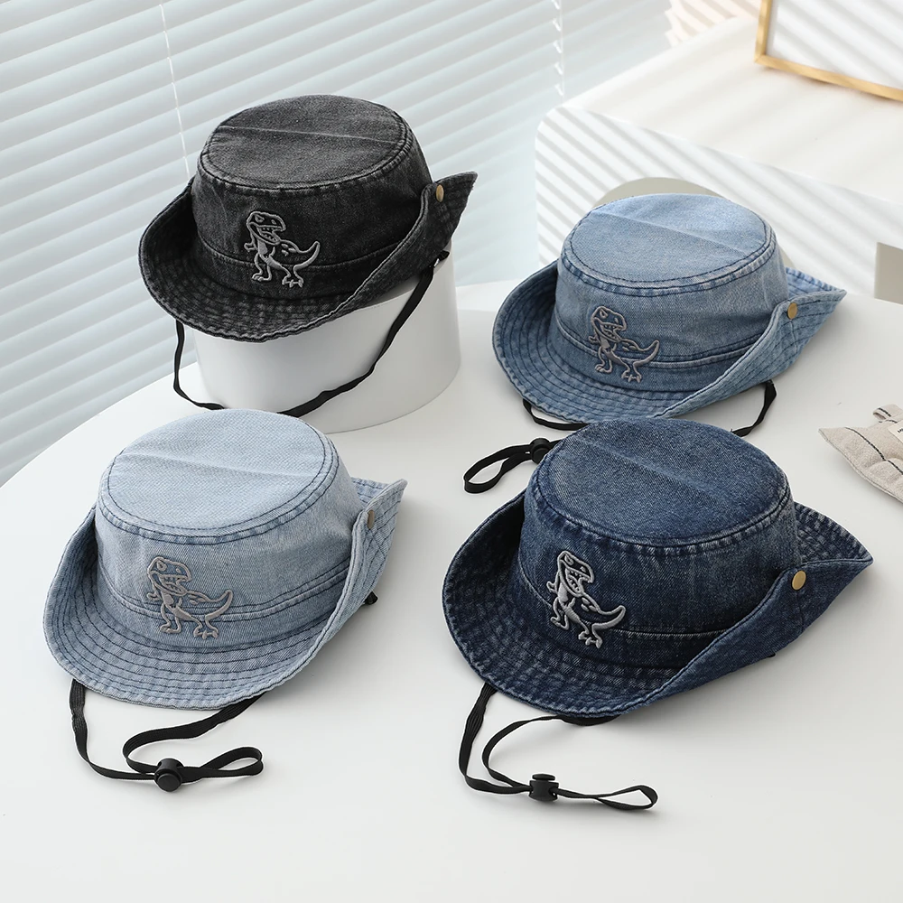 

Fashionable and simple embroidered little dinosaur children's denim boater hat with adjustable brim for outdoor hiking climbing