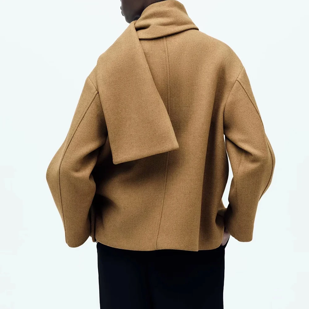 TWOTWINSTYLE Solid Spliced Button Loose Jackets for Women Scarf Collar Long Sleeve Temperament Coat Female Fashion Style