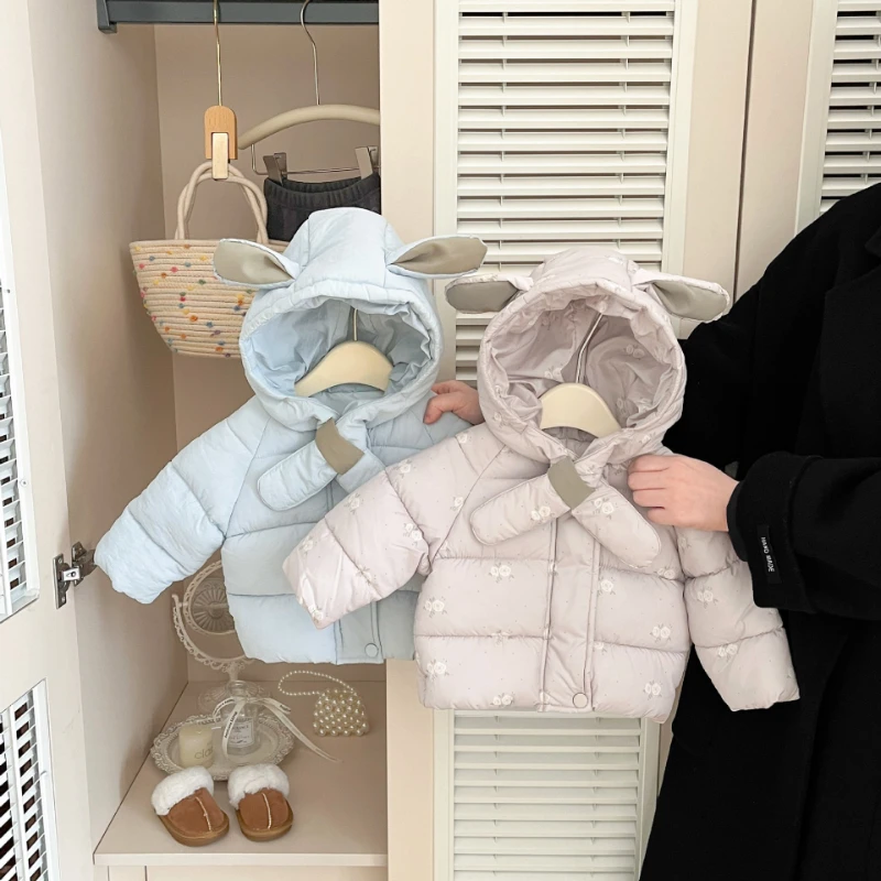 

2025 Winter Girls' New Sweet Hooded Cartoon Neck Thickened Warm Bread Cotton Jacket