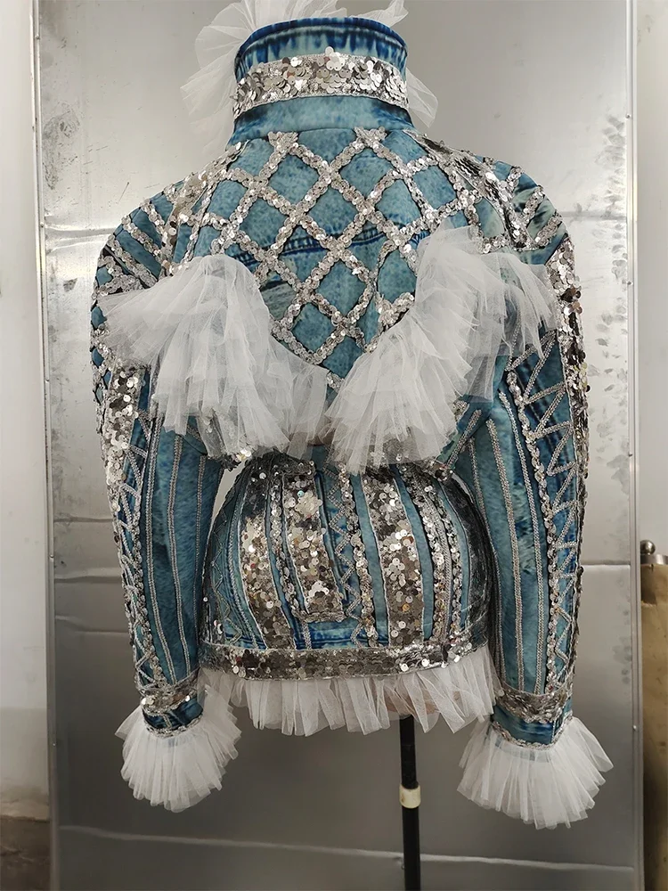 

Club outfit two pieces Sequin Coats dress Women Print Denim Jacket Nightclub Hip Hop Rap Jazz Singer Stage drag queen Costumes
