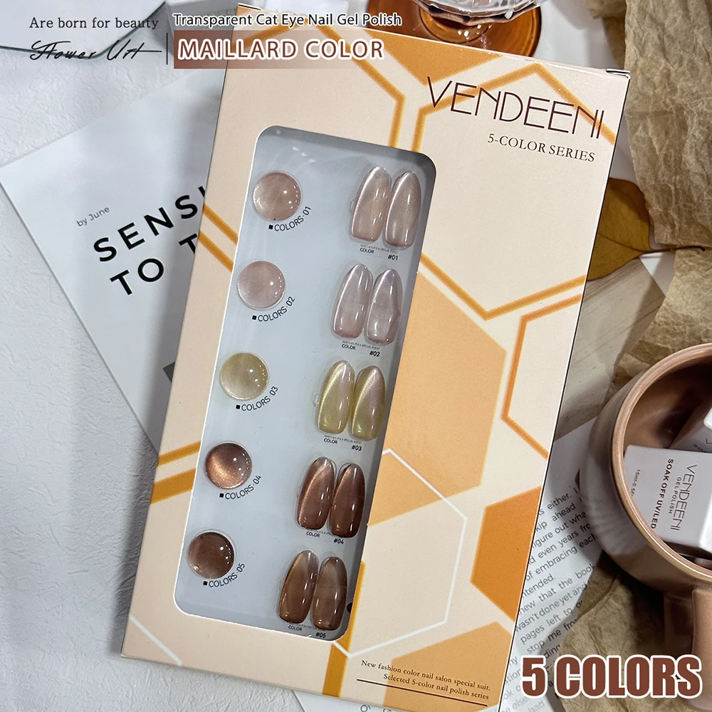 Vendeeni 5 Farben/Set Kristall-Katzenaugen-Gel-Nagellack Magnetischer UV-Soak-Off-Gel-Lack Braun Nude Rosa Gel-Lack mit Display – Detail 13