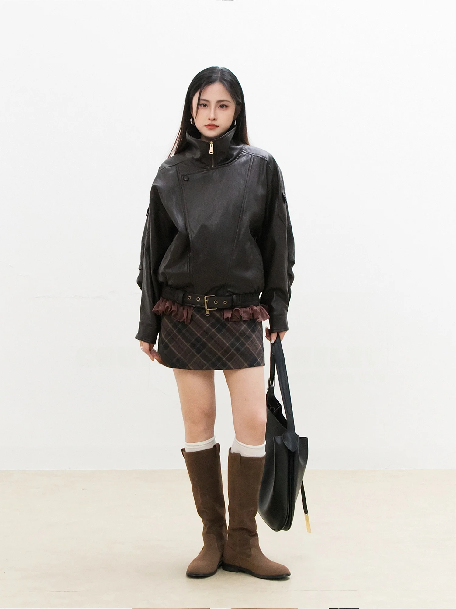 Retro Hong Kong Sle ort Lace Splice Jaet Dames lente herfst ontwerp Sense Stand Collar leren jas Cool en Sli