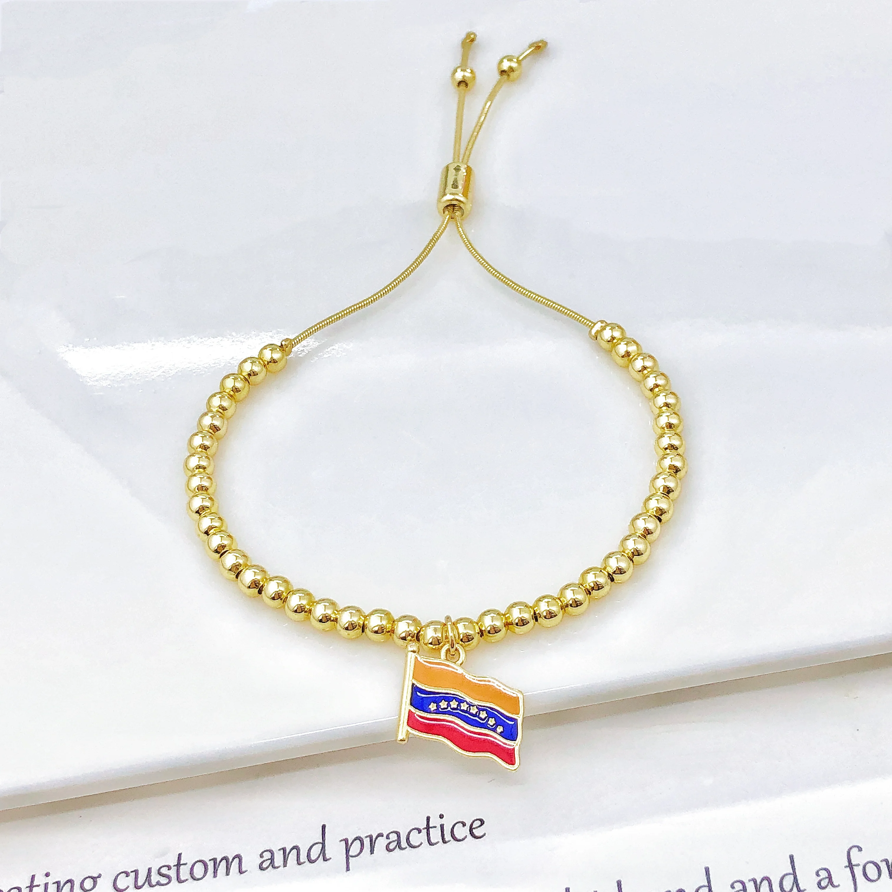Adjustable Gold Plated Beaded Zircon Bracelet Enamel Colombia Venezuela Flag Map Men Women Charm Bracelet for Party Jewelry Gift