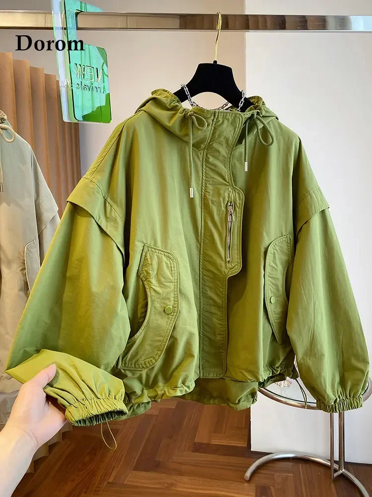 Korean Vintage Green Cargo Hooded Jacket Women Y2k Streetwear Autumn Lace-up Zipper Oversized Windbreaker Coat Female Loose Tops