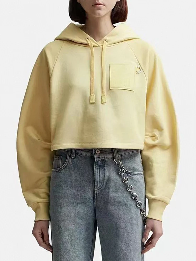 

Vintage solid color lace-up hooded leather pocket short pullover hoodie 2024 fall women's new fashion loose knit coat