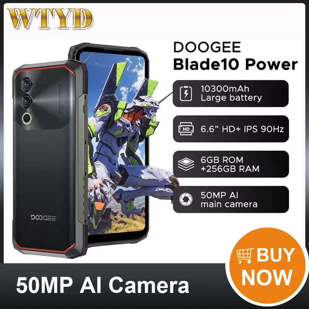 DOOGEE Blade 10 Power Rugged Phone 6GB+256GB 10300mAh Battery 6.56'' Android 14 Unisoc T615 50MP AI camera 4G NFC Smartphone