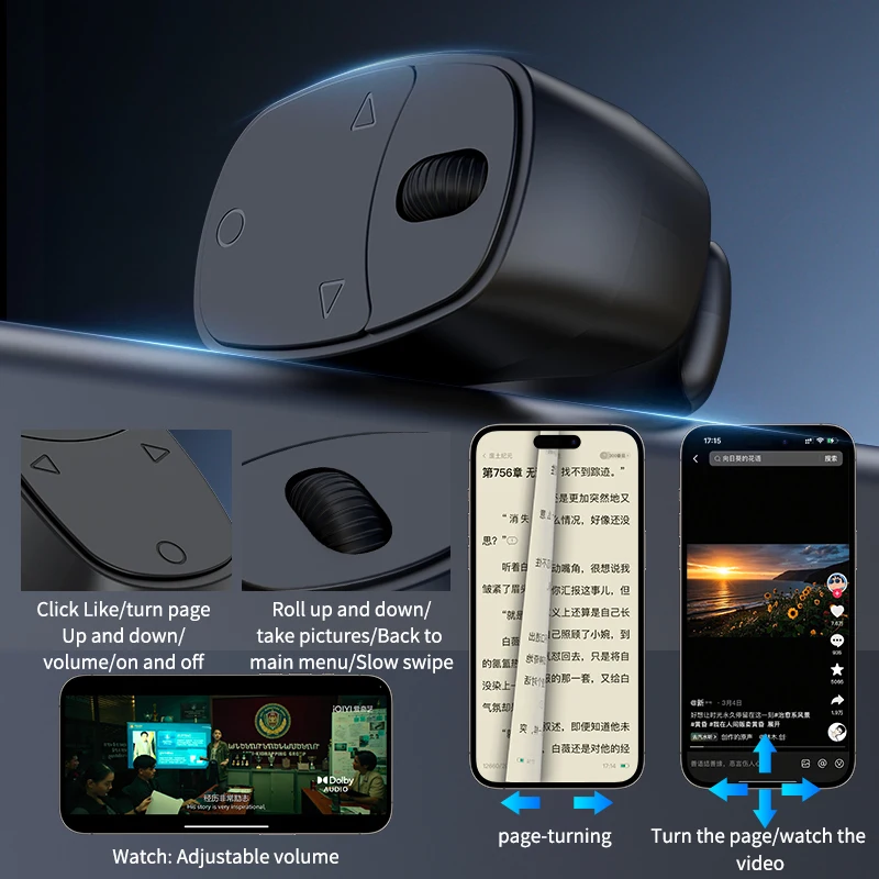 Hellodigi JX-12 الأسطوانة الإصبع الدائري التحكم عن بعد سماعة لاسلكية تعمل بالبلوتوث المحمول Selfie الفئران فيديو التلقائي صفحة تيرنر تصفح